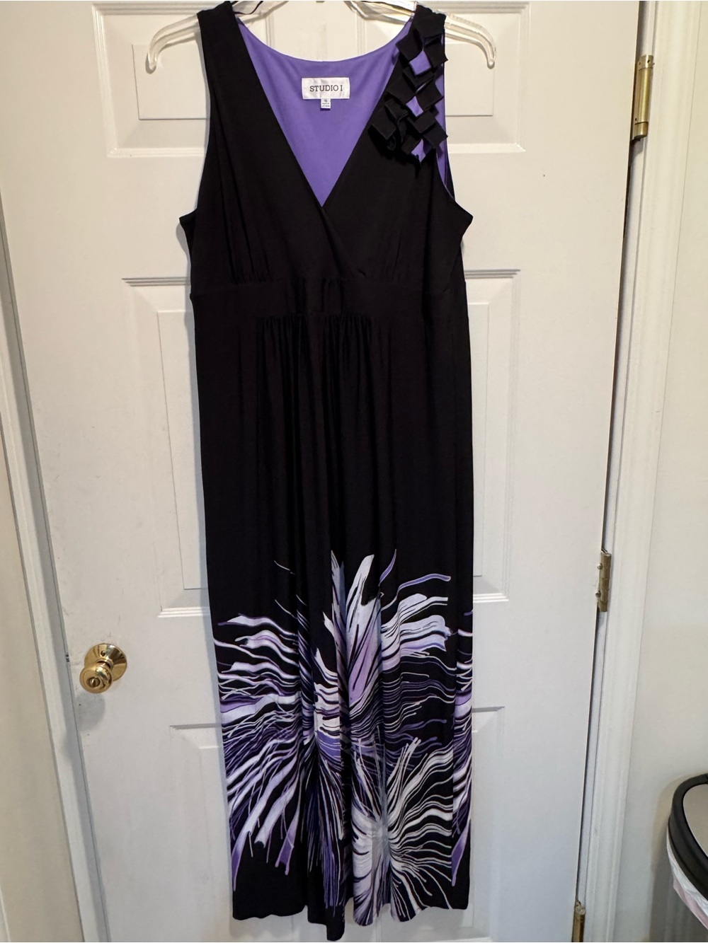 Studio I Black and Lavender Sleeveless Maxi Dress with Floral Print